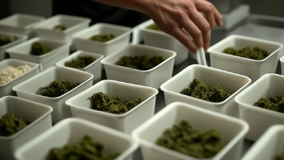 Gloved hands inspect sealed cannabis containers in a controlled fulfillment room, emphasizing disciplined regulated delivery operations.
