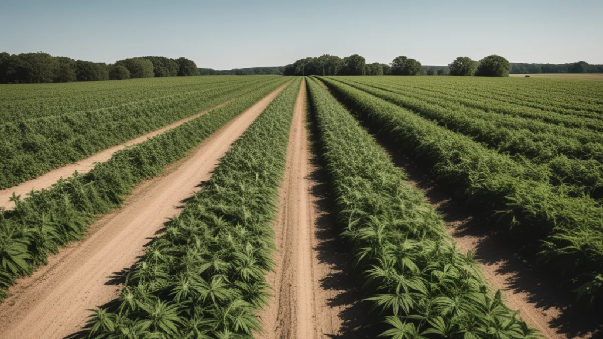 An empty rural boundary landscape contrasts cultivated cannabis with distant civic architecture, reflecting uneven state enforcement.
