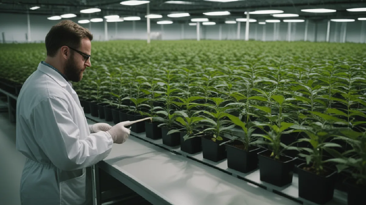 Un trabajador anónimo de operaciones observa una producción de cannabis organizada, como símbolo del liderazgo financiero en sistemas complejos.