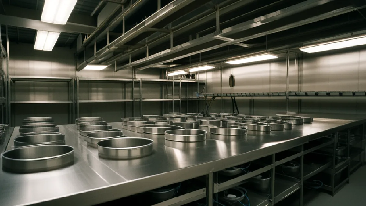 A worker inspects organized cannabis inventory inside a secure climate-controlled storage room.