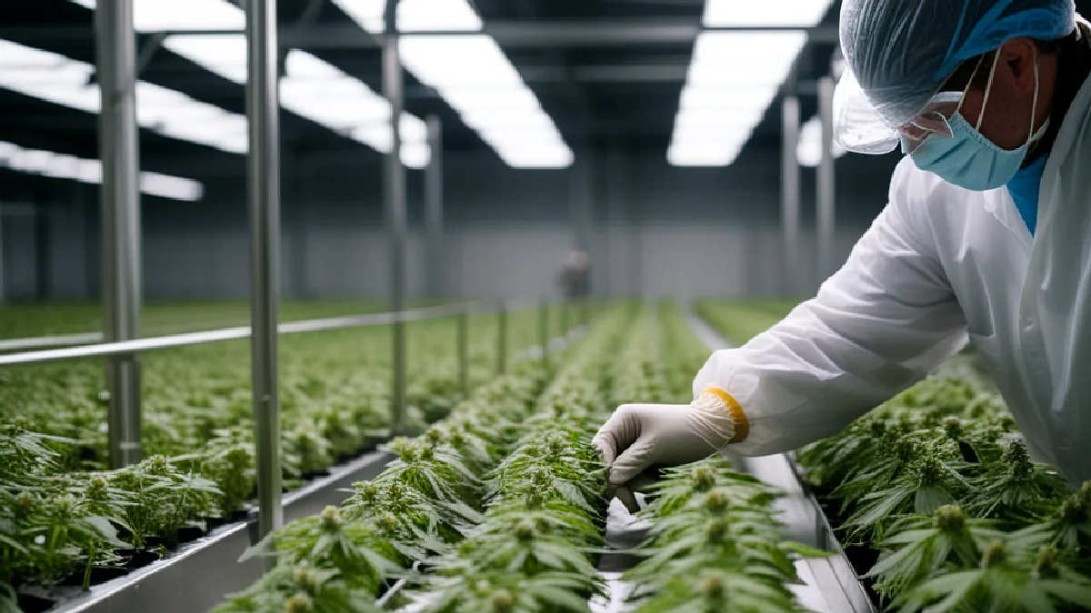 Manos enguantadas inspeccionan plantas de cannabis en floración junto a equipos de cultivo regulados.