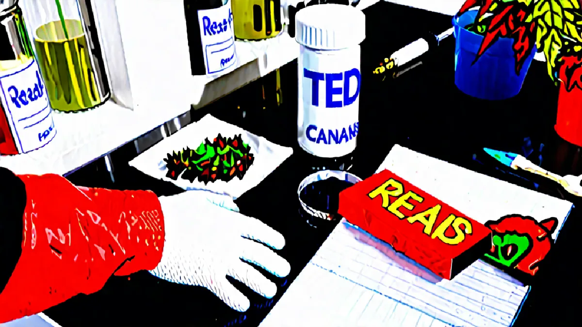 Gloved hands tend mature cannabis flowers beside tools for making small-batch solventless concentrates.