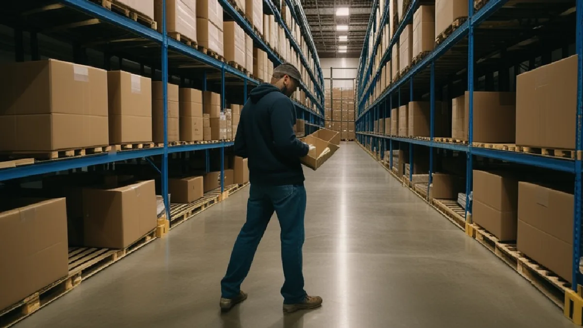 Unlabeled cannabis inventory fills secure warehouse shelving while a worker checks stock, illustrating demand and investment risk.