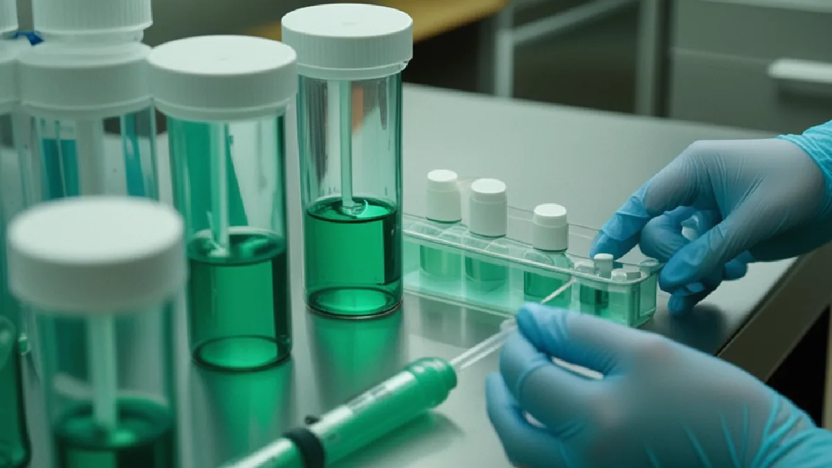 Gloved researchers prepare identical oral-dose vessels for larger controlled trials following the pilot study.