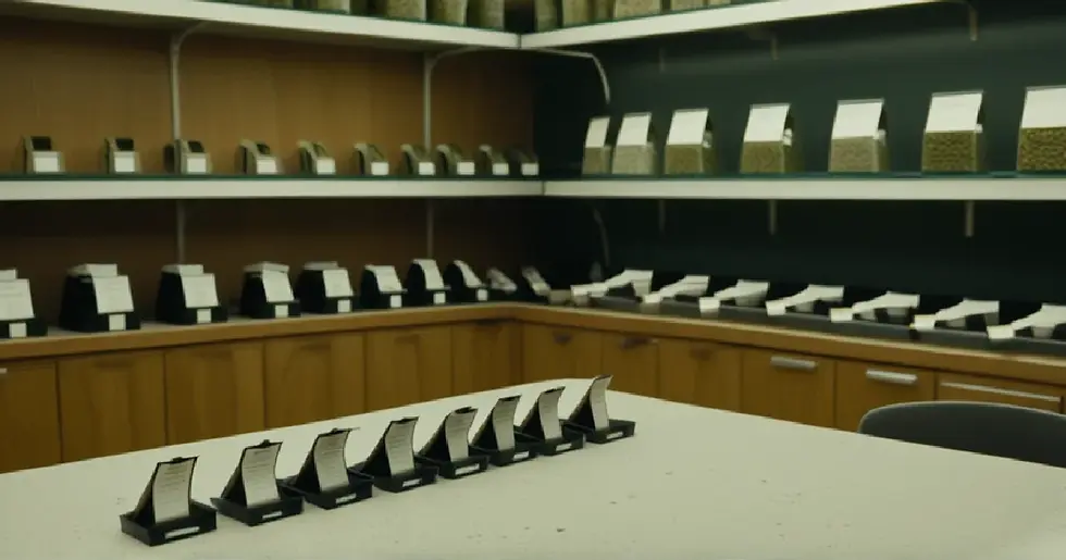 A Michigan cannabis shop interior shows secured inventory and open display space amid debate over wholesale taxation.