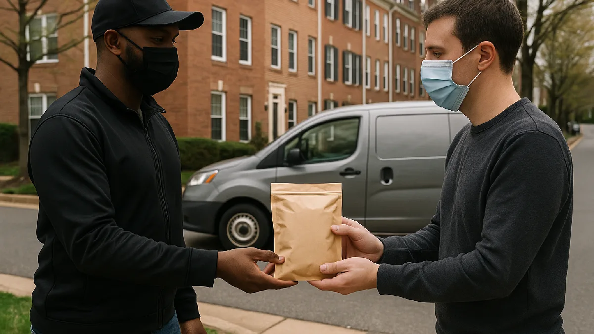 A courier completes a secure cannabis delivery handoff on a residential street in the Washington metropolitan region