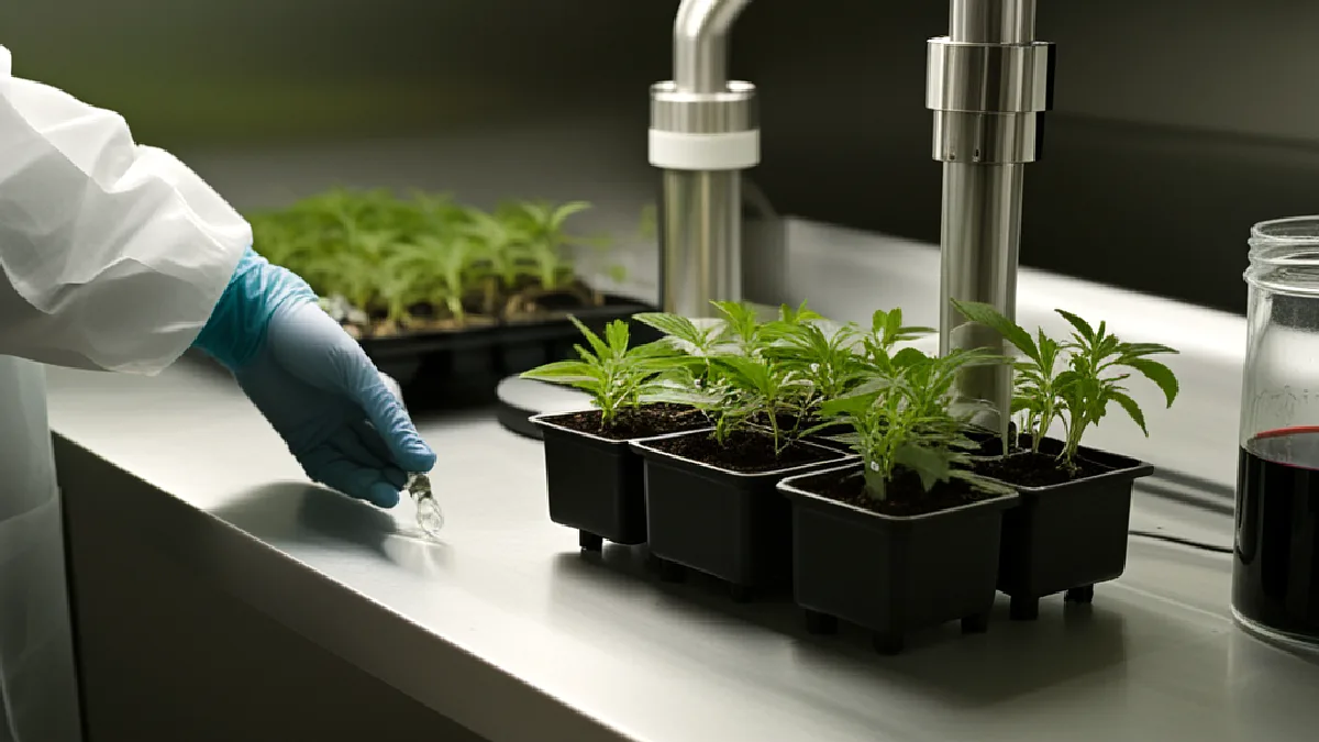 Gloved hands process cannabis plant tissue in a controlled laboratory, emphasizing the evidence the bill seeks to generate.