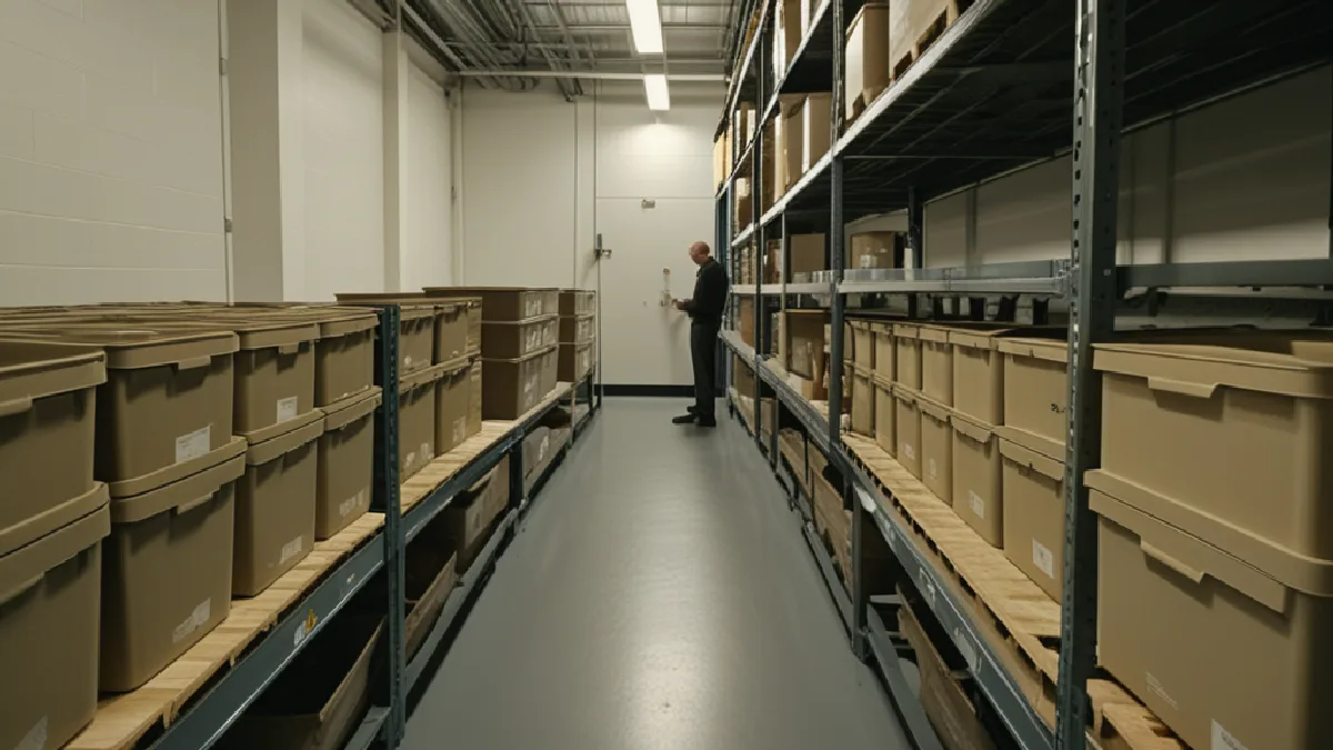 Un lavoratore controlla contenitori sigillati in un’area di carico sicura, evocando la conformità documentata alle norme sulla consegna e sul trasporto.