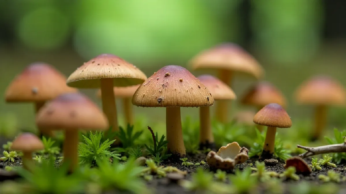 Psilocybin mushrooms in soft forest light with clinical research notes nearby, illustrating the section on how this compares to other states.
