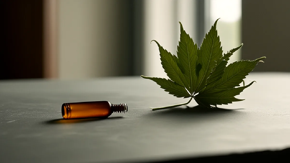 Un vial de prueba sin etiquetar, un guante de intervención y un esqueje de cannabis representan las nuevas normas laborales de Maryland.