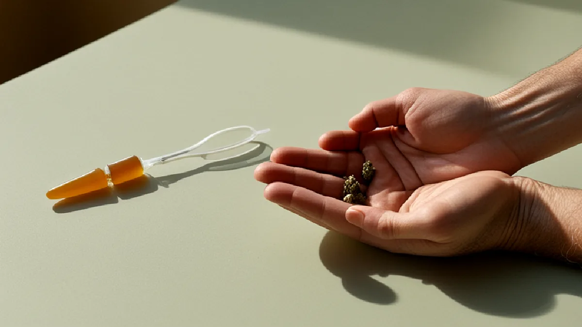 Mani guantate preparano una supposta di cannabinoidi senza marchio accanto a strumenti sterili per la cura pelvica localizzata.
