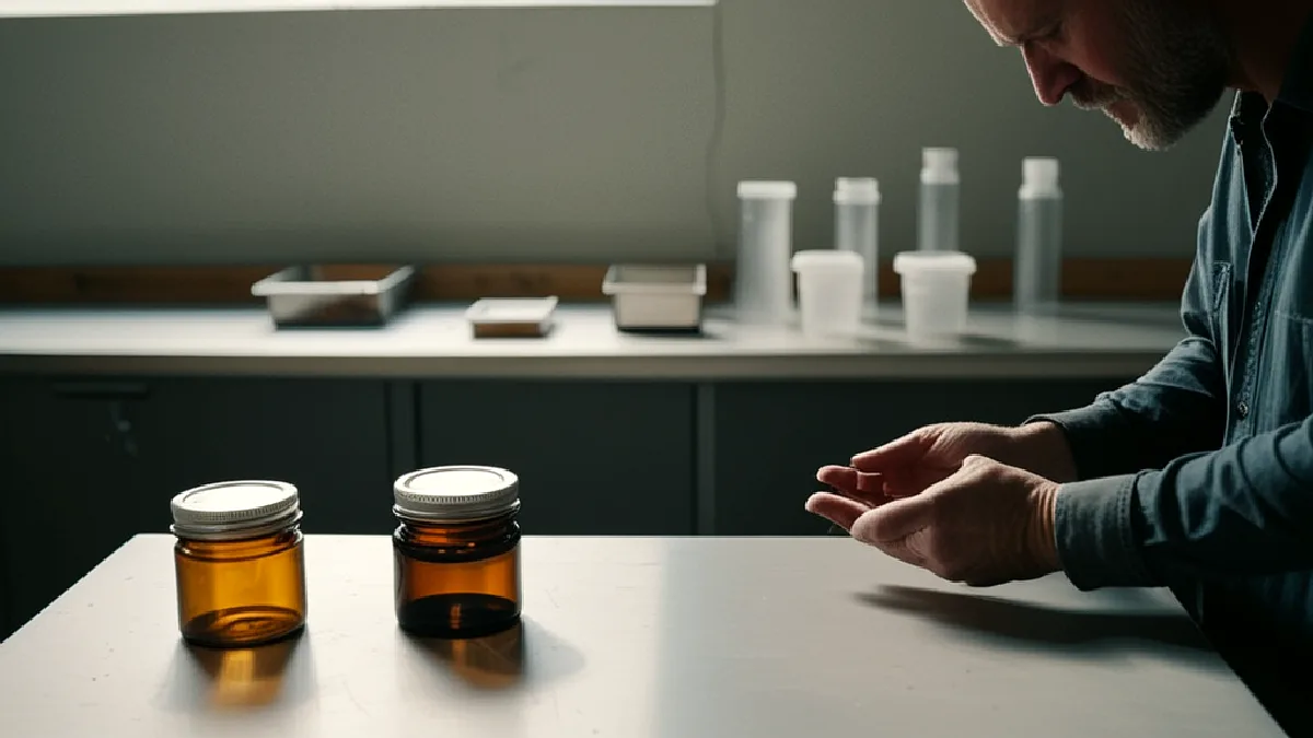 Gloved hands reconcile unmarked cannabis containers in a regulated fulfillment workspace, illustrating state-level compliance.