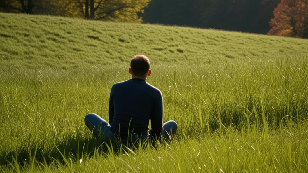 A distant figure sits safely at a woodland edge, surrounded by layered leaves, grasses, and warm natural light.