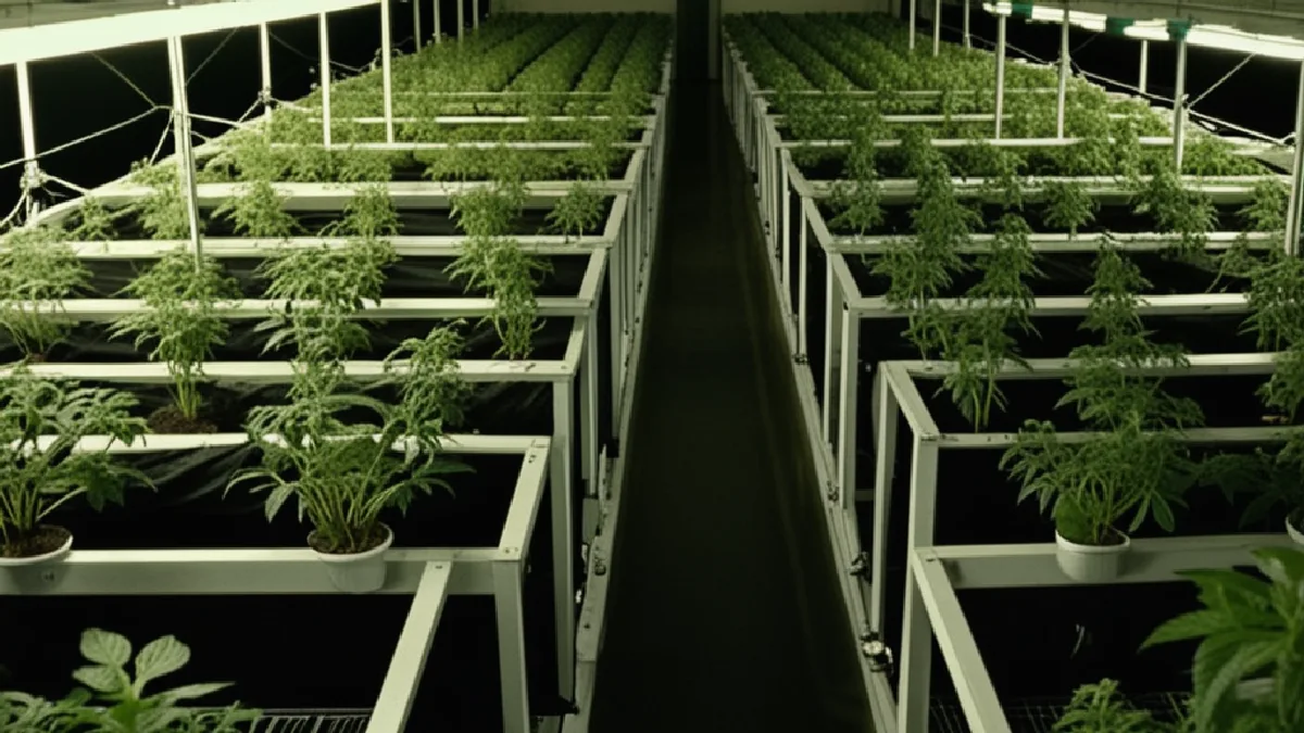 Evenly spaced cannabis plants and cultivation equipment represent proposed production limits and regulatory oversight.
