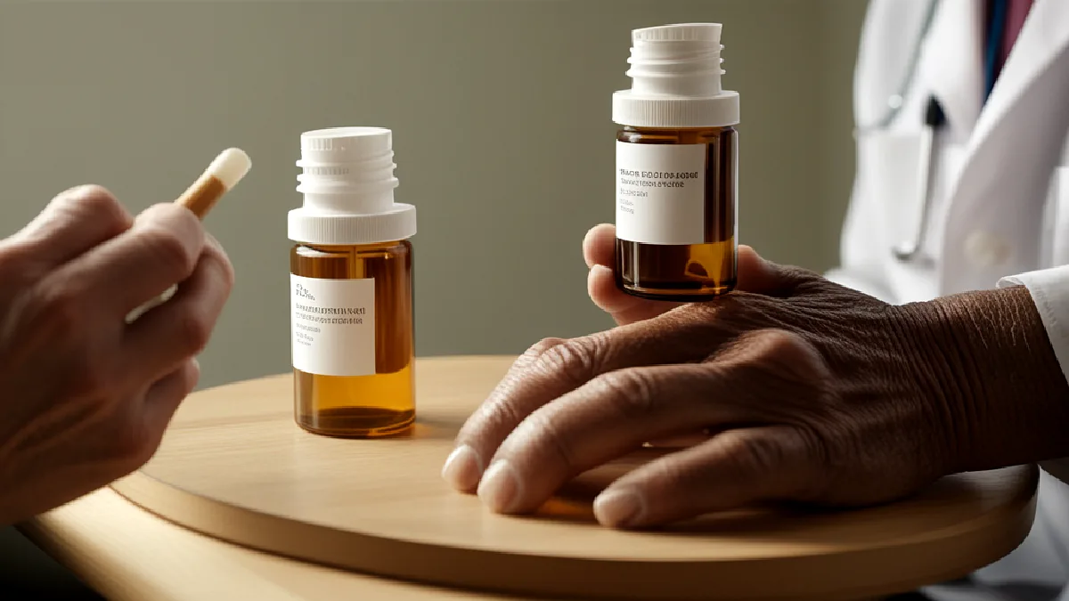 A clinician presents an unlabelled CBD tincture to an older patient in a quiet consultation setting.