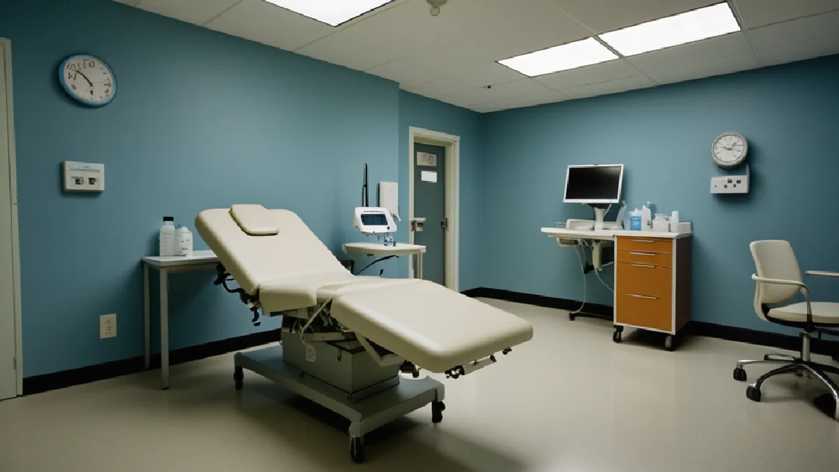 An empty VA treatment room with monitoring equipment symbolizes supervised trials and the long path toward patient access.