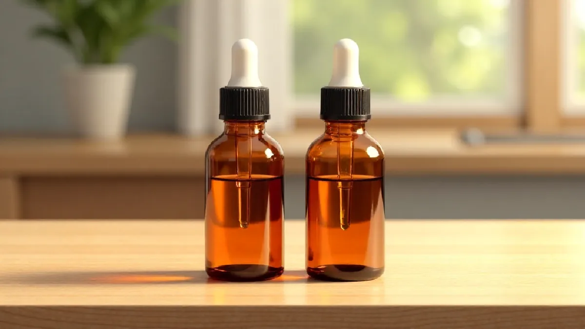 Amber glass tincture bottles and medical cannabis capsules arranged on a wooden table, representing structured therapeutic patient applications.