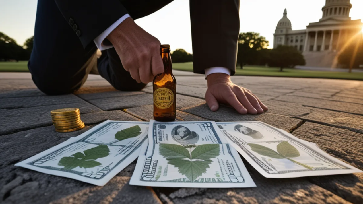 Anonymous hands move unmarked beer bottles and tokens toward the Texas Capitol, evoking campaign finance and policy influence.