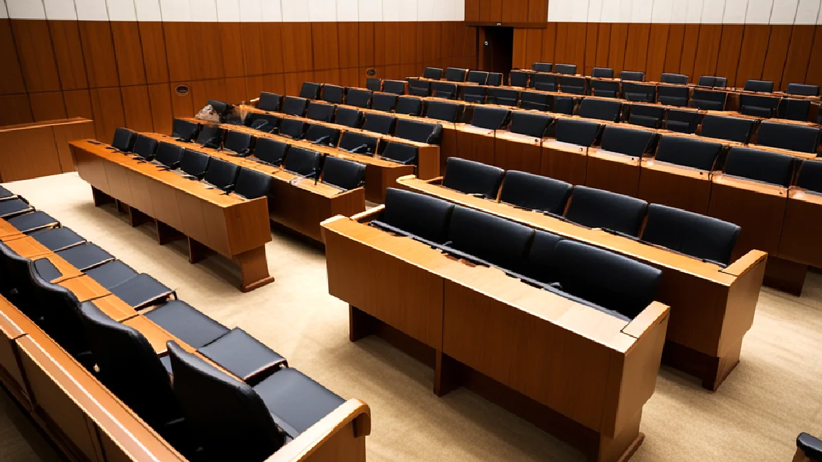 An empty legislative chamber represents Thailand’s cannabis bill advancing without a confirmed effective date.