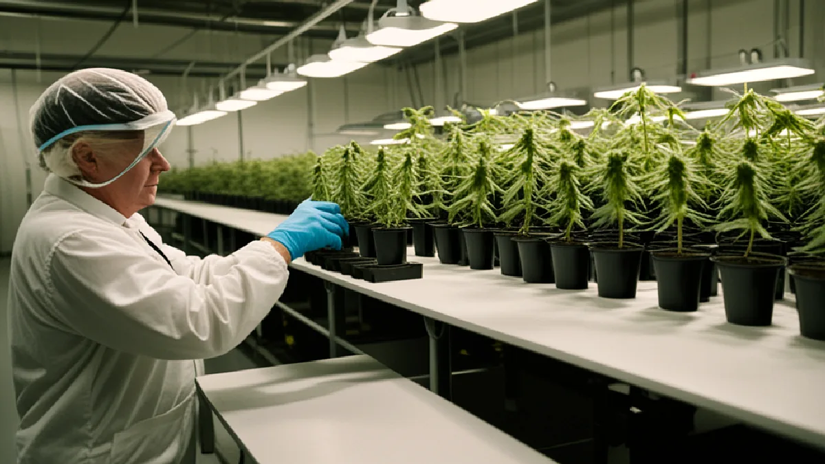 A worker inspects flowering cannabis plants in a licensed facility, illustrating safety controls and equity obligations.
