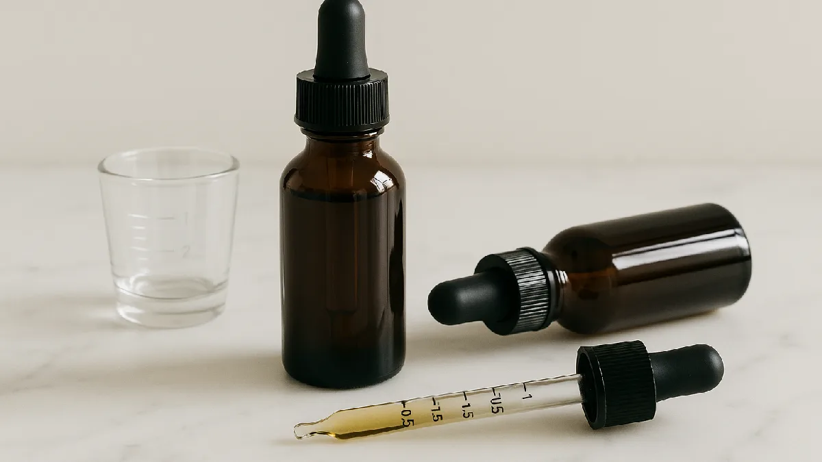 Amber tincture bottles with calibrated droppers and measuring tools arranged neatly, emphasizing accurate dosing and safety standards.