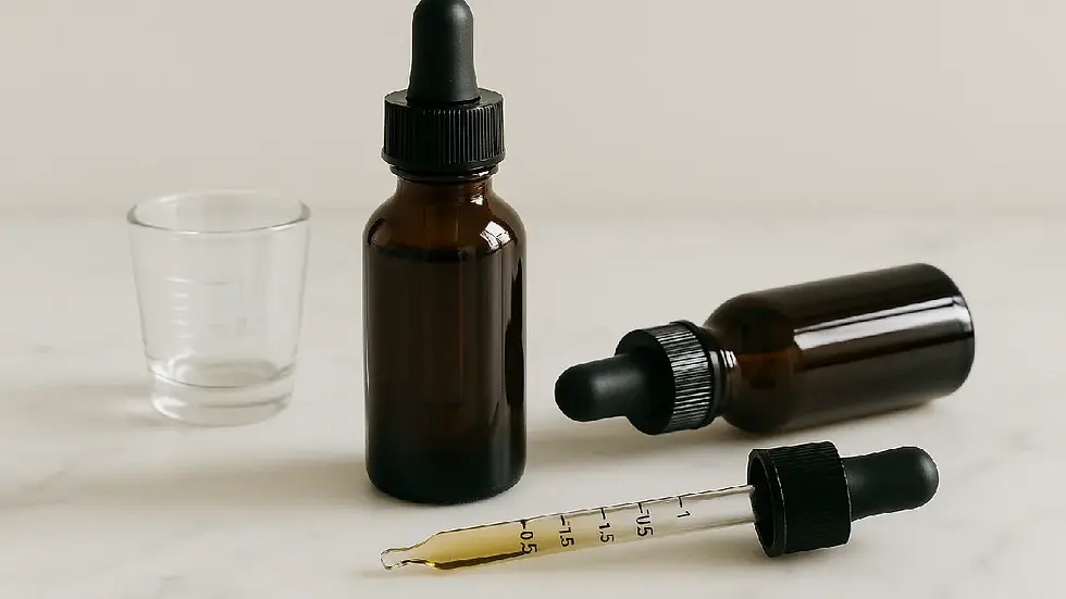 Amber tincture bottles with calibrated droppers and measuring tools arranged neatly, emphasizing accurate dosing and safety standards.