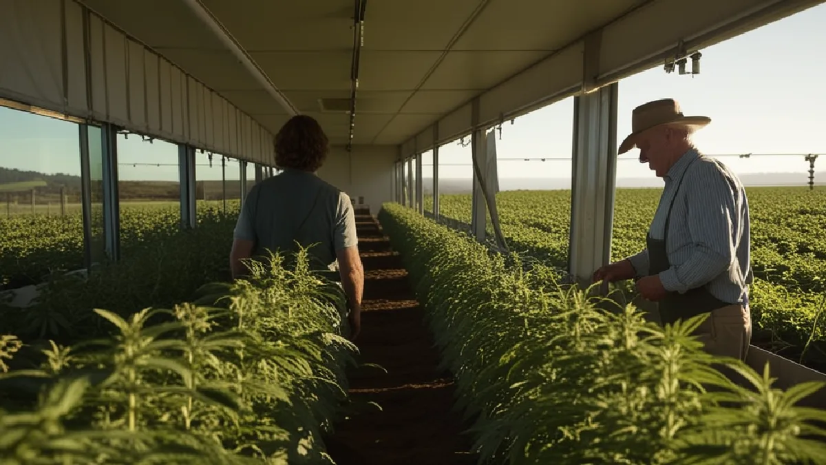 Hands inspect a mature cannabis plant as visitors learn about soil, sunlight and cultivation on a Mendocino farm.