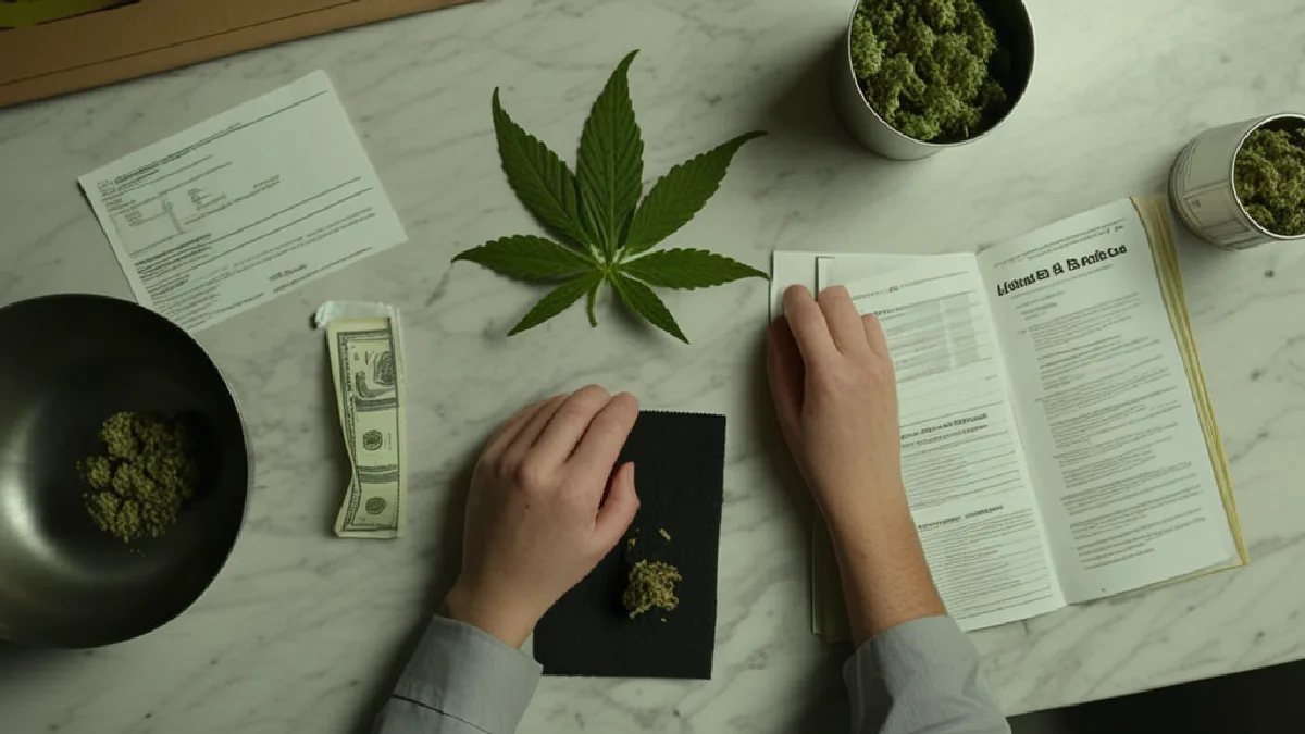 Gloved hands arrange cannabis material and evidence trays, representing nationwide marijuana arrest reporting.