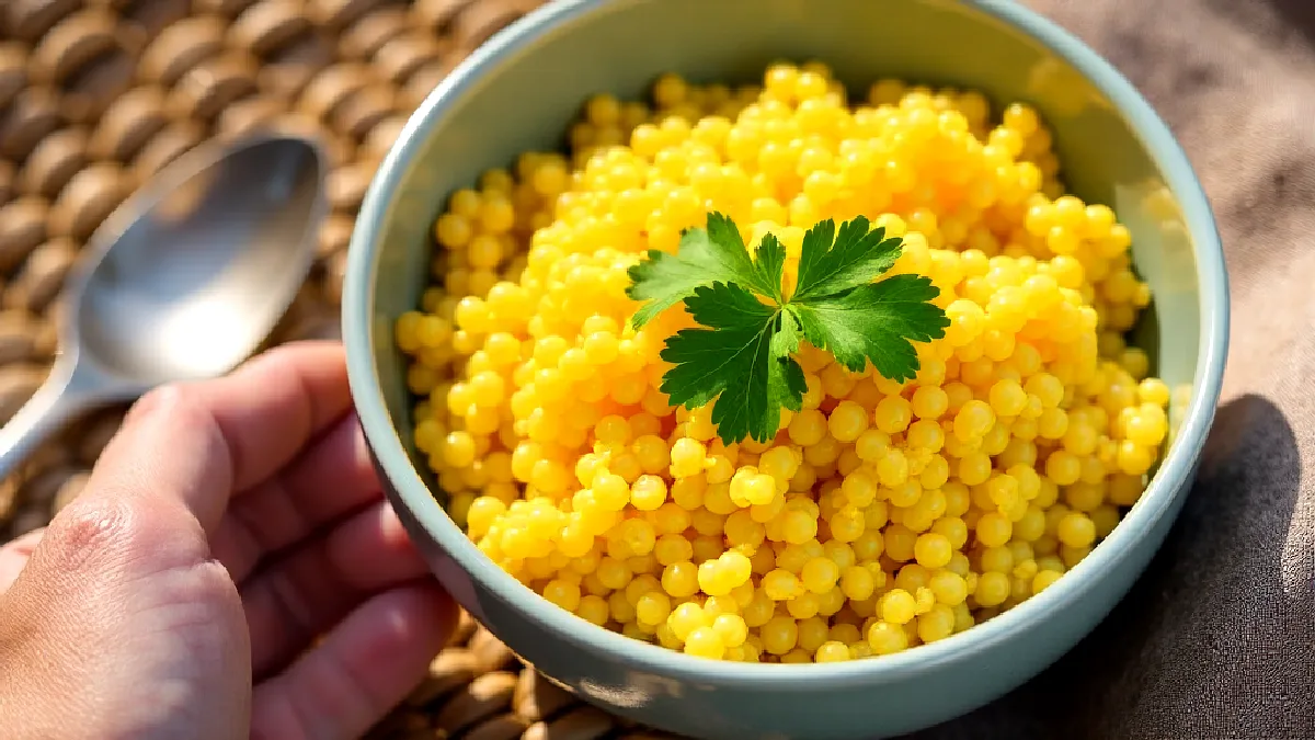Mãos misturam uma salada colorida de quinoa com legumes e ervas para um prato portátil de confraternização do Dia do Trabalho.