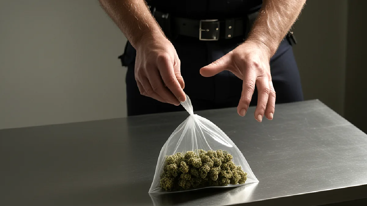 Manos enguantadas manipulan una muestra de cannabis sobre acero, evocando los cientos de miles de casos de posesión reportados en 2025.