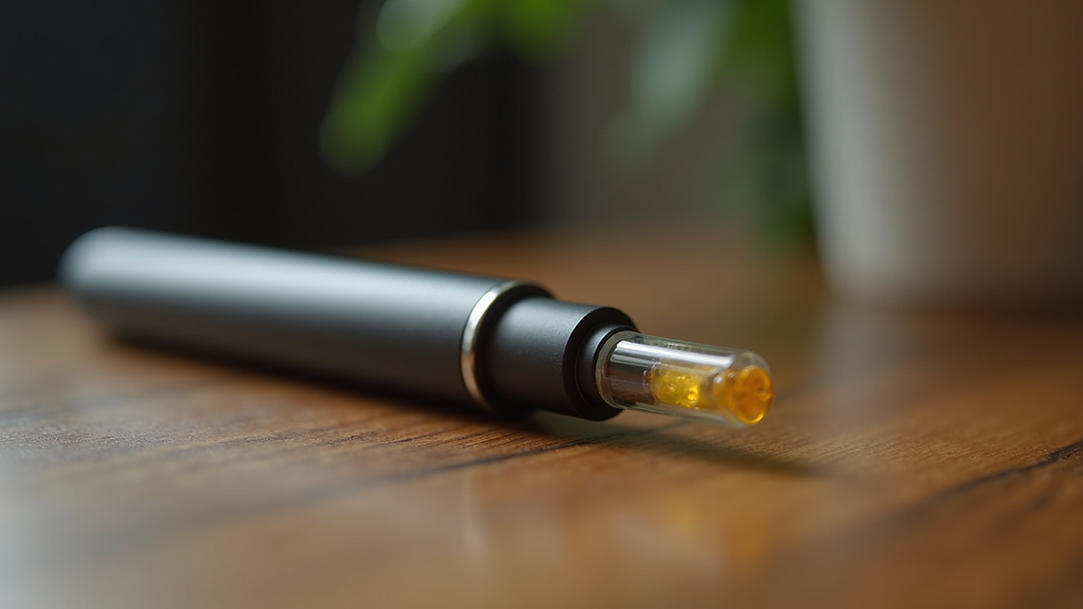Eye-level view of a sleek vape pen with cannabis concentrate cartridge on a wooden table