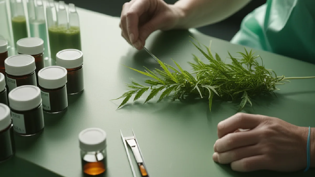 Gloved laboratory hands measure unmarked hemp samples, illustrating the federal shift toward stricter total-THC testing.