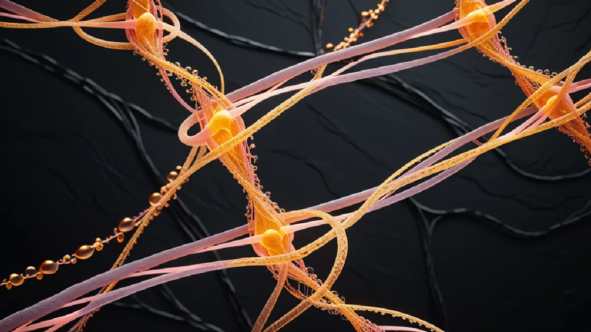Artistic visual depiction of glowing light strands representing hormone pathways and serotonin receptor interactions in medical research.