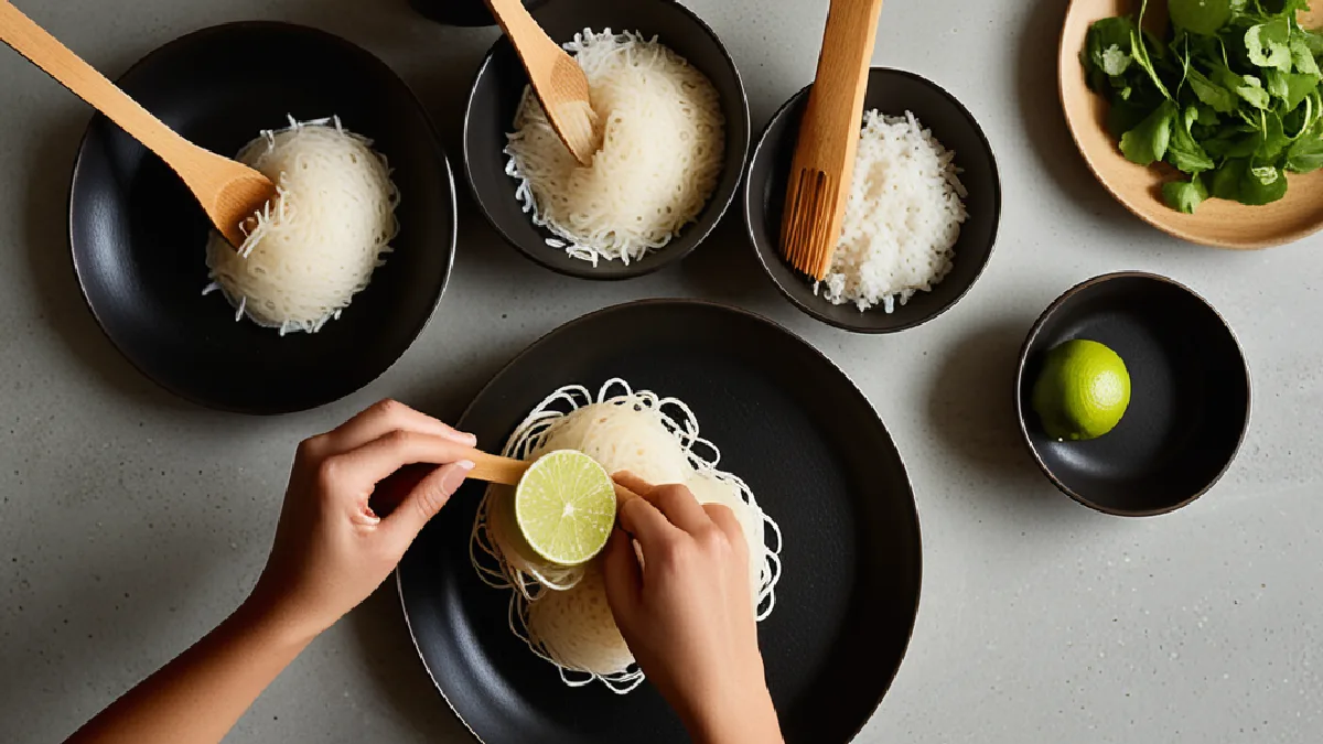 Hands organize wrappers, fillings and dipping sauce for a consistent fresh-roll preparation sequence.
