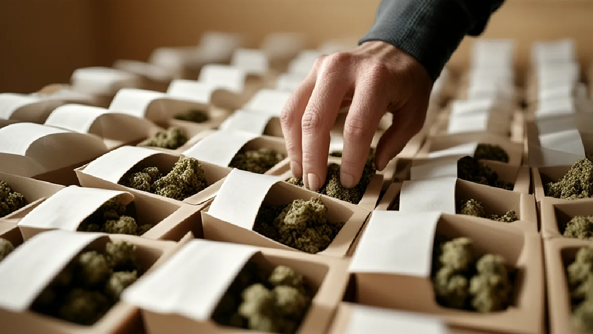 Gloved hands arrange unmarked cannabis totes and products, illustrating inventory control and delivery unit economics.