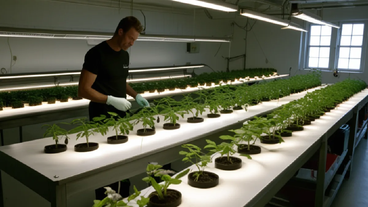 Gloved hands inspect flowering cannabis plants during the careful selection of a standout phenotype.