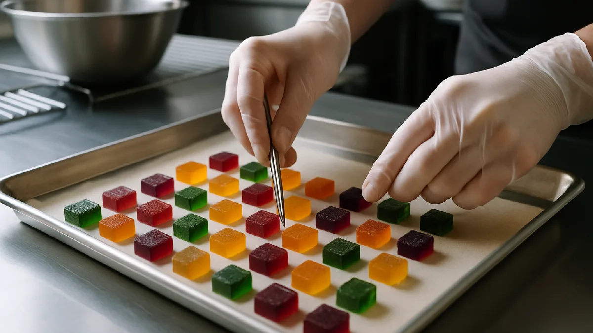 Hands in food-safe gloves arranging artisanal cannabis gummies on a parchment baking sheet in a professional kitchen setting.