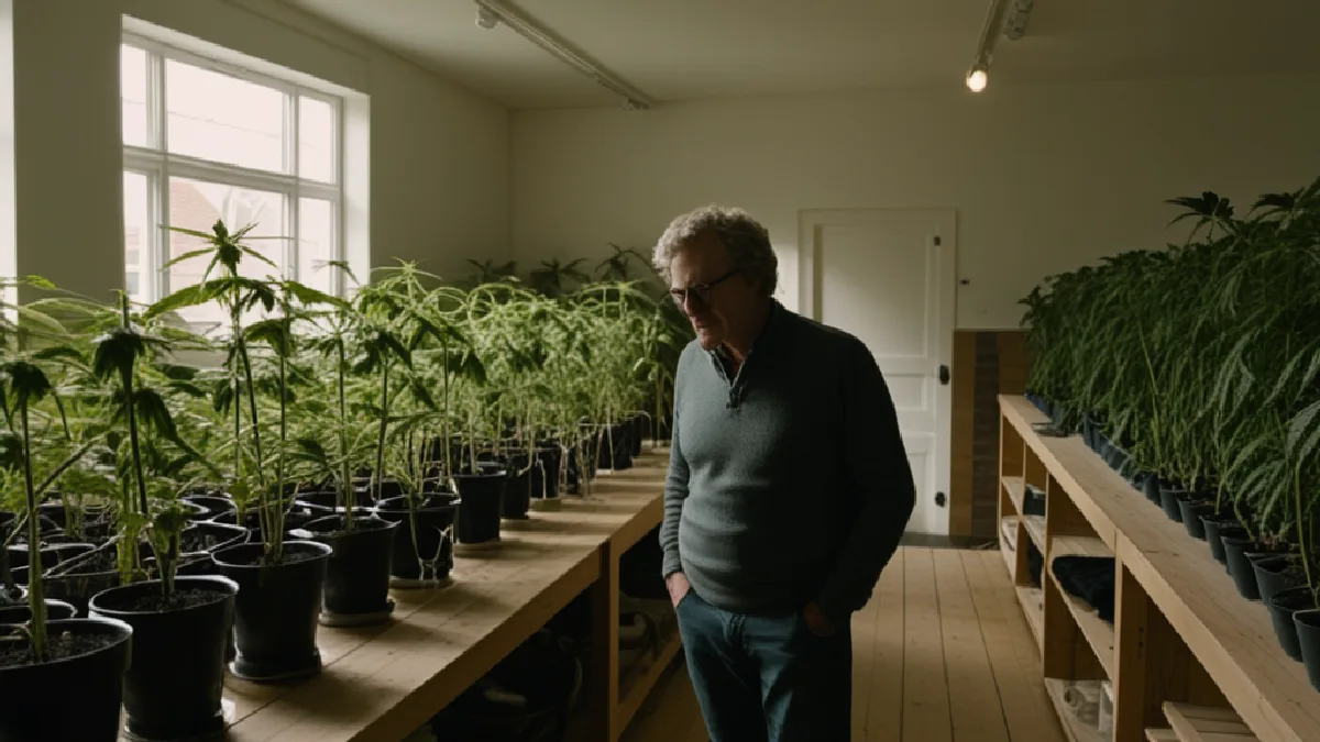 Gloved hands inspect cannabis plants and handling equipment in a regulated Dutch supply-chain setting.