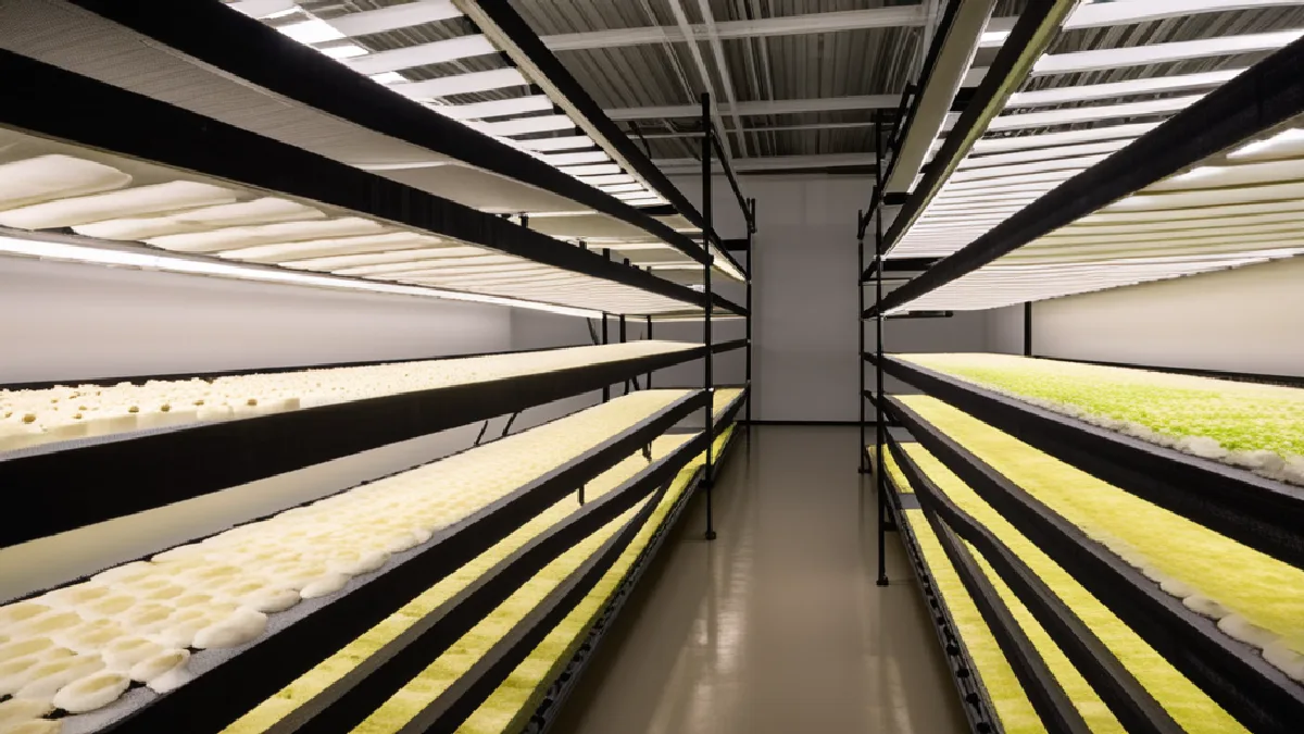 Rows of shelves in an indoor mushroom cultivation facility highlighting commercial production by industry leaders.