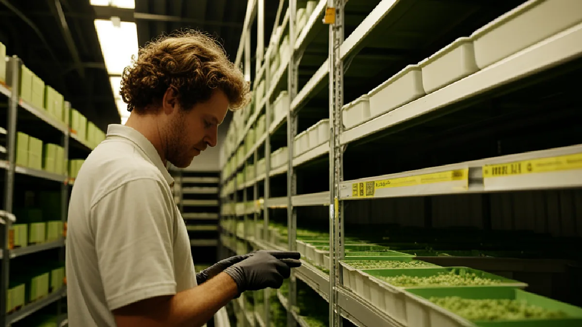 A worker scans unlabelled cannabis containers beside organized shelving, illustrating digital inventory and compliant delivery fulfillment.