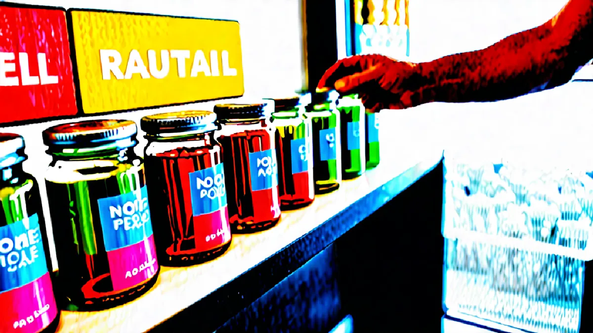 clean retail counter with plain glass jars, no signage or screens, illustrating from corporate burnout to mindful presence