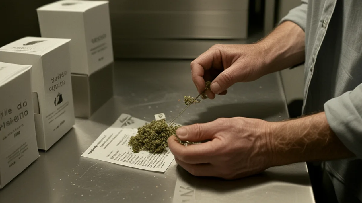 Manos enguantadas inspeccionan el inventario de flor de CBD en una sala de cumplimiento mientras los costos de cumplimiento y la incertidumbre presionan las operaciones.