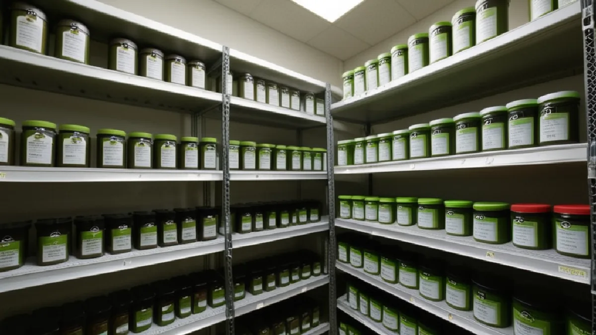 Gloved hands inspect unmarked containers in secure storage, reflecting varied state controls on cannabis and hemp logistics.
