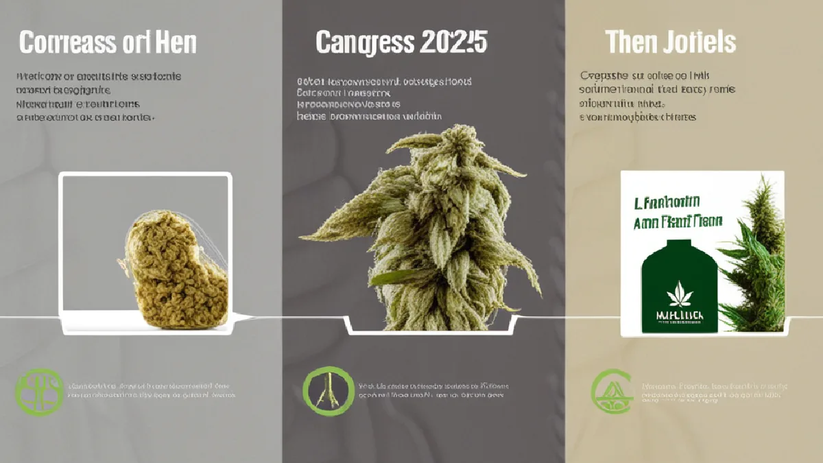 Hemp flower and plain containers stand in a sharply divided Capitol corridor, reflecting changing federal legality.
