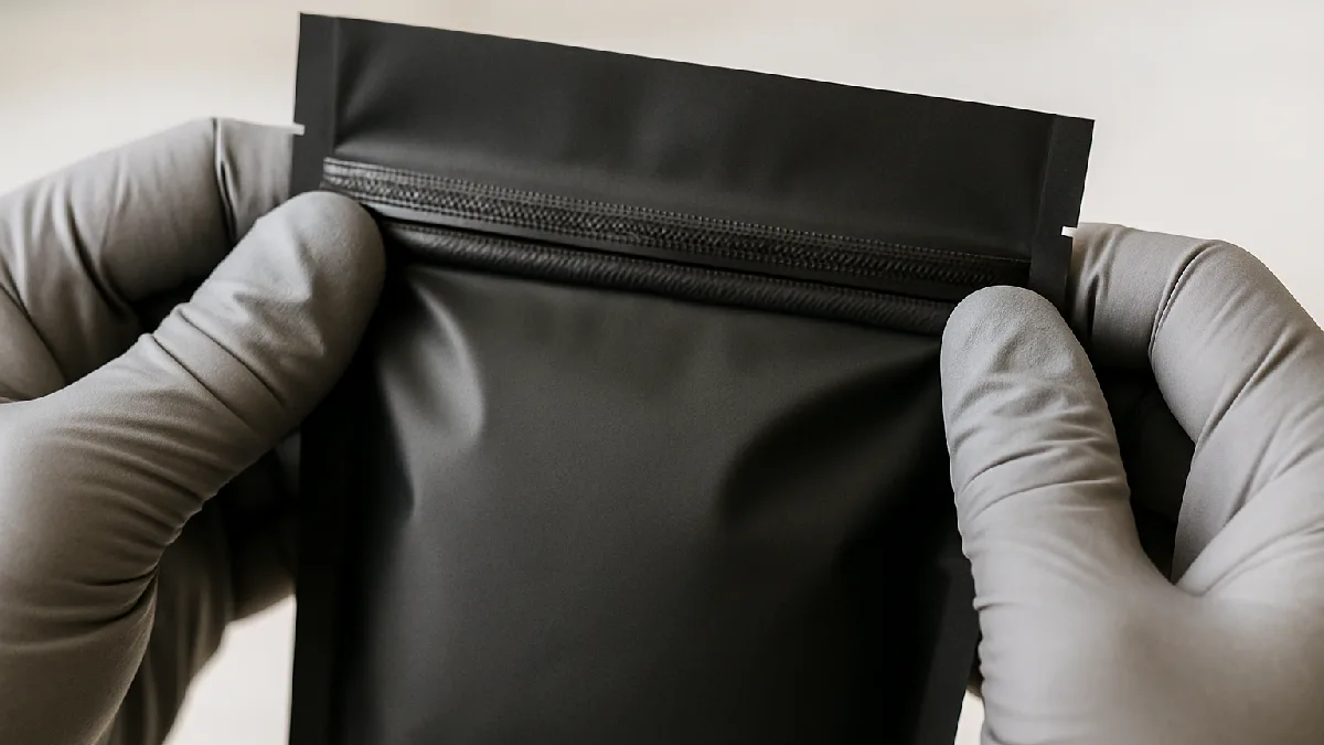Gloved hands examining a plain matte-black childproof pouch featuring standardized warning symbols and clean compliance labels.