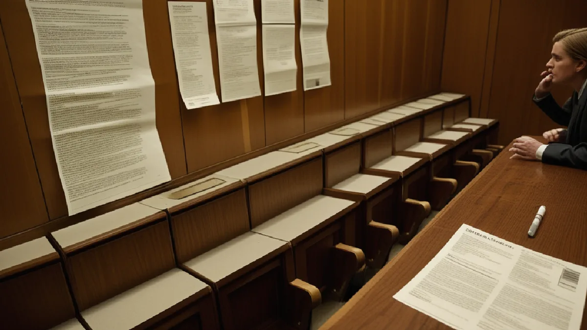 Una sala de tribunal vacía, con paneles de madera, sin señalización ni documentación en California, lo que ilustra la opinión de los «bud lords»: el exceso de regulación sabotea los mercados legales.