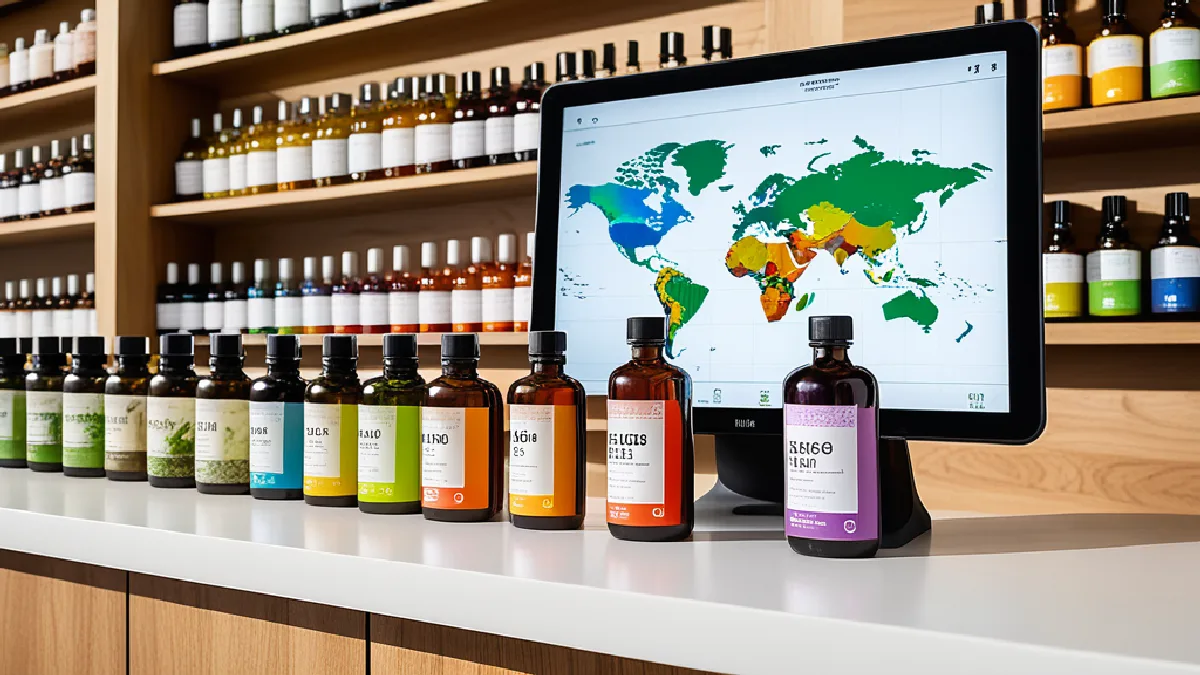 Retail display of hemp-derived products next to a tablet showing a region map, demonstrating varying state-by-state compliance standards.