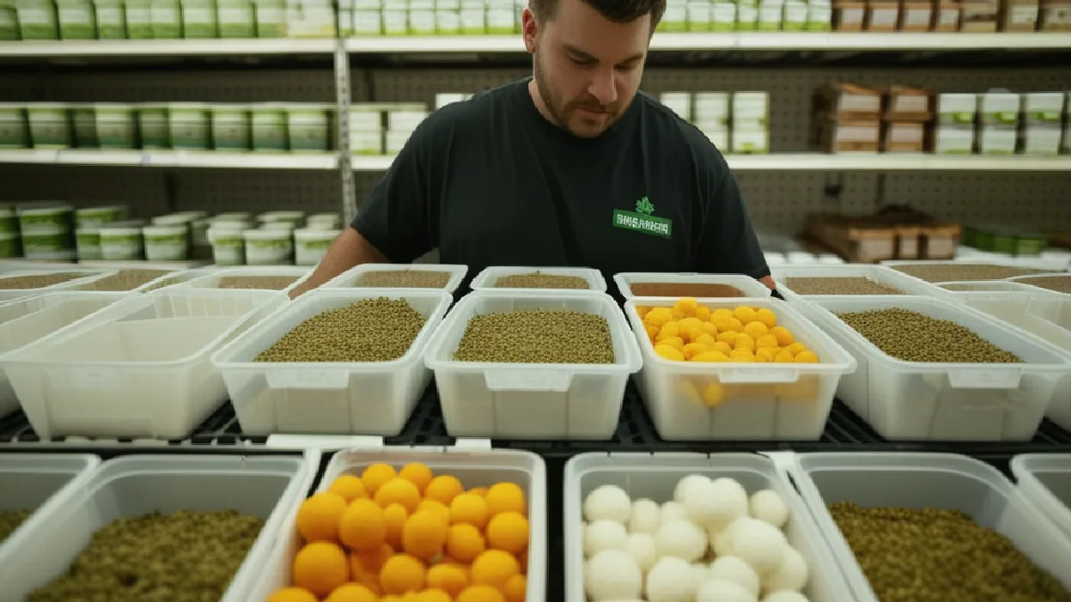 Gloved hands inspect plain cannabis containers in a California receiving area for child-safe presentation.