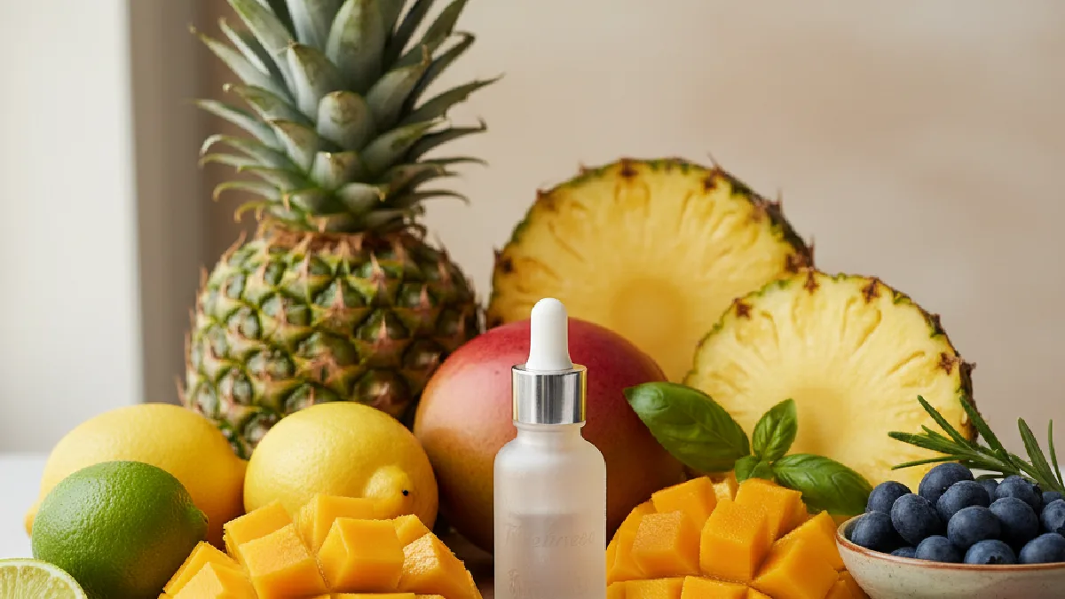 Colorful fresh fruits like mangoes and blueberries arranged around a small dropper bottle, representing diverse terpene profiles.