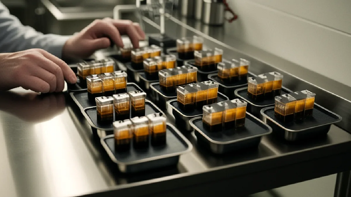 Laboratory workers handle unmarked cannabis vape devices beside testing equipment tied to the Colorado recall.